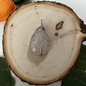 Rose quartz tree of life tear drop pendant